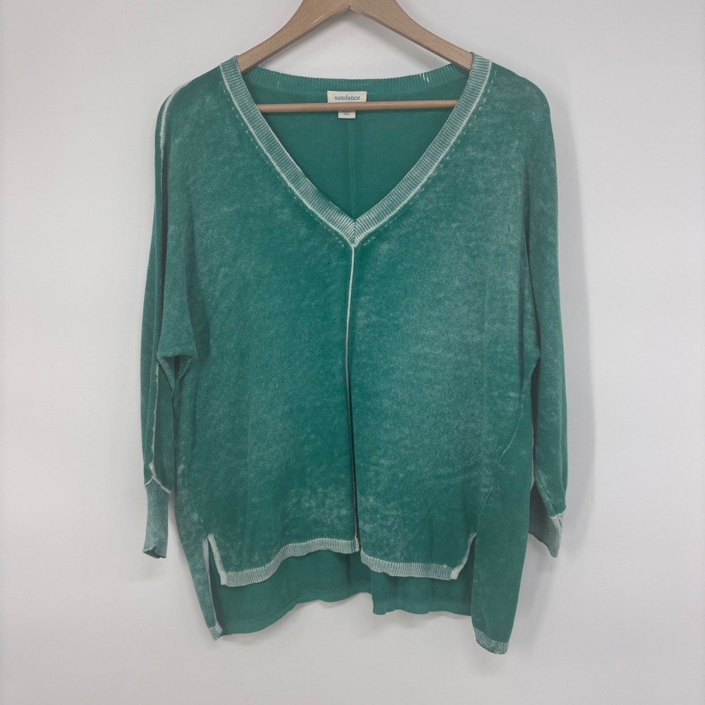 Sundance Teal Green Acid Wash Cotton V-Neck Oversized Sweater Womens Small